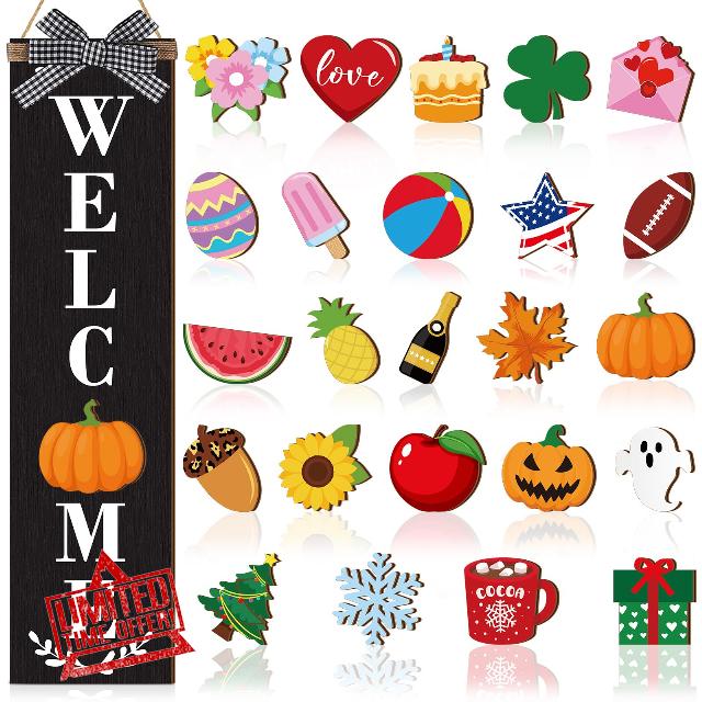 Sintuff Welcome Sign for Front Door Interchangeable Porch Sign Home Farmhouse Welcome Door Sign Seasonal Holiday Rustic Outdoor Welcome Sign Decorative Wooden Welcome Sign for Decor (Black)