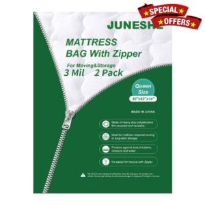 JUNESHE 2 Pack Zippered Queen Mattress Bags for Moving and Storage-3 Mil Mattress Moving Bags-Waterproof Mattress Protectors