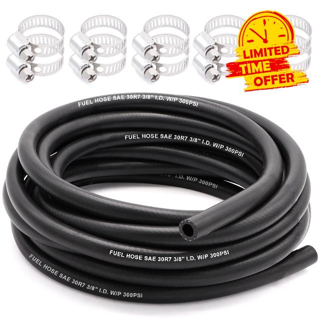 TuoLauthon NBR Rubber 3/8 Inch Fuel Hose Line SAE 30R7 25Feet 300PSI with 10Pcs Stainless Steel Clamps