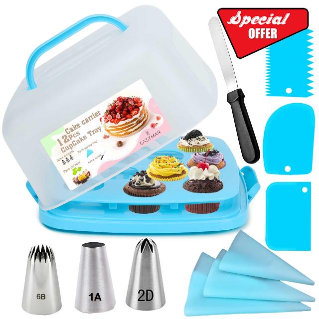 CASYMAR Portable Cake Carrier with 12 Cupcake Holder with Lid- Plastic Cake Containers with Lids Includes Knife & Accessories-Two Sided Base for Snacks Cookies Nuts Fruit etc-Suitable for 10-inch Cake