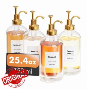 25.4oz Coffee Syrup Dispenser Set - 4 Glass Bottles with Gold Pumper and Syrup Labels - Precise Dispensing and Stylish Addition to Coffee Shop