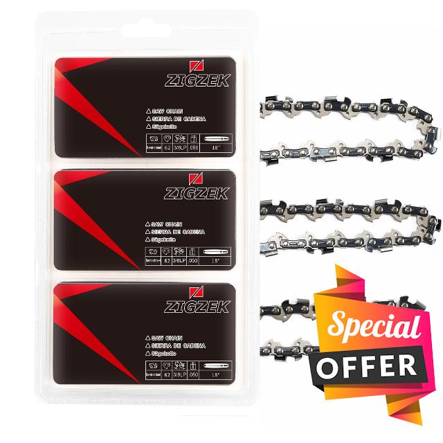 ZIGZEK 3 Packs 18 Inch Chain Saw Chains - 3/8” LP Pitch .050” Gauge 62 Drive Links Chainsaw Chain Fits Craftsman