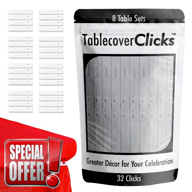 Table Cover Clicks: 32 Pack of Reusable Tablecloth/Table-Cover Clips – Great for Disposable Plastic Table Covers – Celebration/Party Table Décor