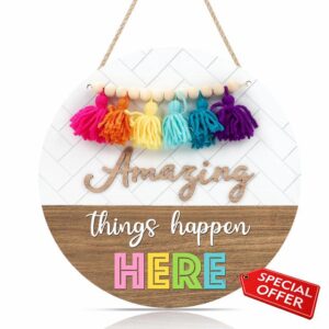 CHDITB 3D Amazing Things Happen Here Wooden Door Sign(11.4&rdquo;x11.4&rdquo;)