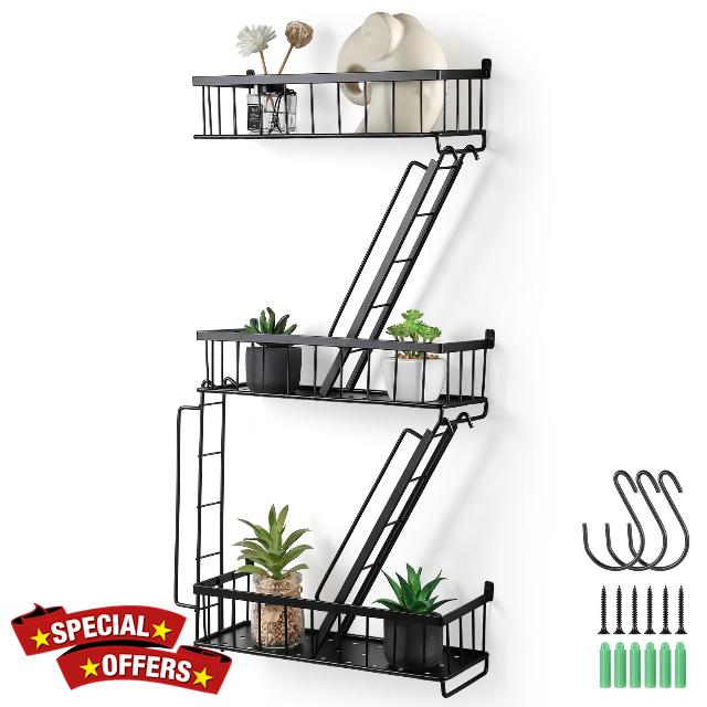 SweetSage Fire Escape Wall Shelf - Wall Mounted Floating Shelf with 3 Hooks