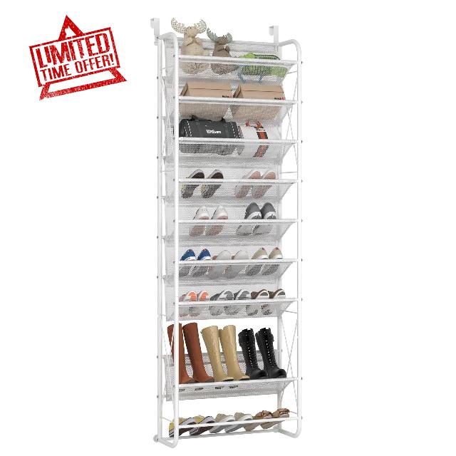 JSB 10 Tier Shoe rack Mesh fabric Over The Door Shoe Organizer X-structure Trouser hangers Closet Pantry Hanging Shoe Clothes Toys Storage Shelves (Matte White