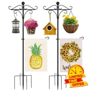 Surnuo 2 Pack Double Shepherds Hooks with Extra Garden Flag Holder