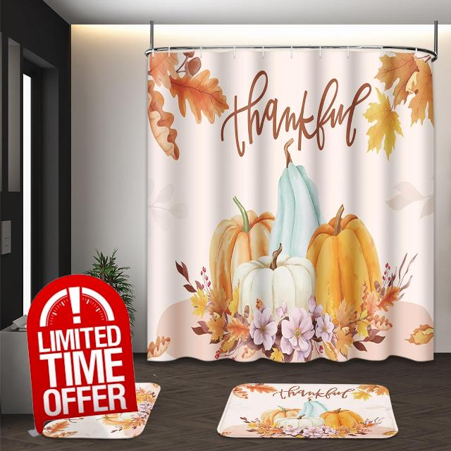 Fall Shower Curtain Set with Toilet Lid Cover and Non-Slip Rugs