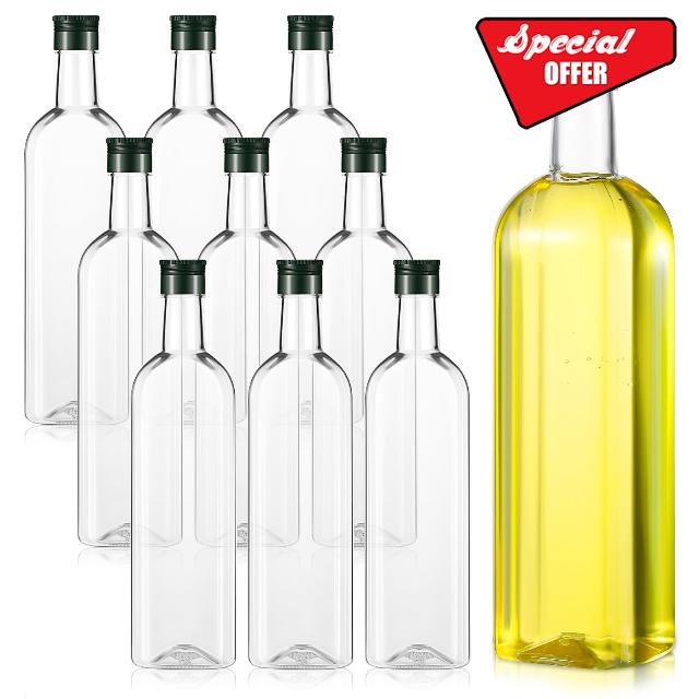 Dandat 10 Pack 34 oz Plastic Oil Bottles with Screw Caps Empty Wine Bottles Clear Olive Bottles Long Neck Square Plastic Bottle with Caps for Kitchen Self Watering Devices for Plants