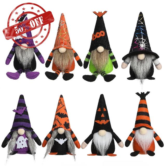 Funoasis Mini 8PCS Halloween Gnomes Ornaments Tiered Tray Halloween Decorations Handmade Holiday Party Plush Swedish Elf Tabletop Decor
