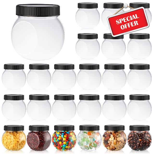 Tradder 24 Pcs Plastic Candy Jars with Lids 8.5 oz Side Cookie Jar Bulk Kitchen Counter Clear Cookie Container Wide Mouth Candy Storage Jars for Candy Buffet Table Coffee Canister Party Laundry Holder
