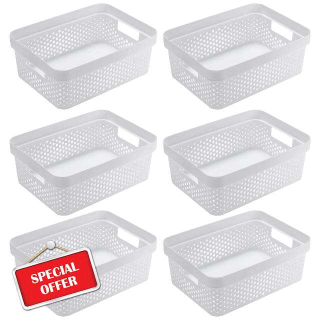 Plastic Storage Baskets - Set of 6 Plastic Baskets for Organizing - Plastic Rattan Storage Baskets - Open Storage Bins for Shelves