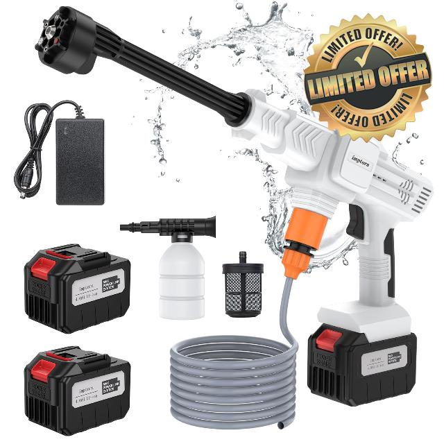 Imptora Cordless Pressure Washer.680 PSI Cordless Power Washer with 6-in-1 Adjustable Nozzle 2 Pack Waterproof 4.0AH Battery Adjust 3 Gears for Car/Garden/Fence/Floor Cleaning & Watering
