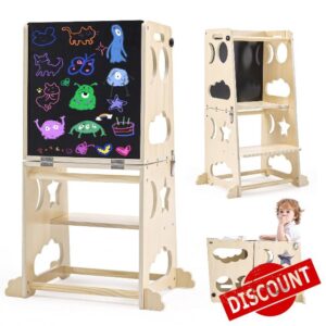 Toddler Kitchen Stool Helper with Chalkboard & Safety Rail