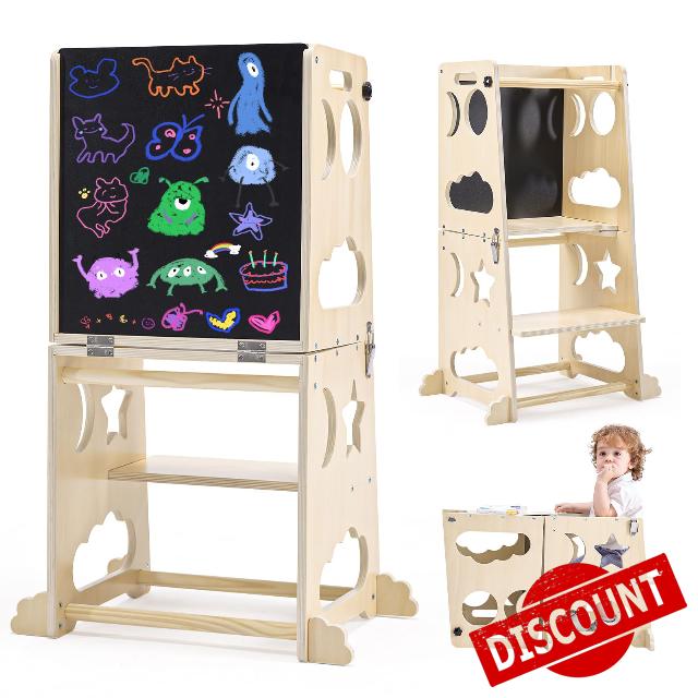 Toddler Kitchen Stool Helper with Chalkboard & Safety Rail