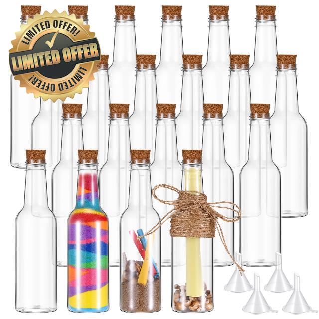 Tanlade 20 Pcs Plastic Bottles with Corks Stoppers 5.6oz Clear Art Containers Sand Art Bottles with 5 Plastic Funnels Plastic Jars with Corks for Wish and Message Bottle DIY Craft Wedding Party Favors