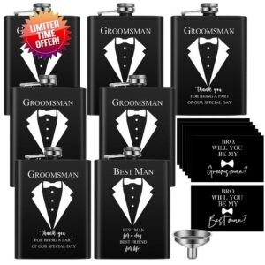 Nuanchu Groomsmen Gifts Set of 7 Groomsmen Flask 8 oz Best Man Stainless Steel Hip Flask Groomsman Proposal Cards Will You Be My Groomsman Best Man Cards Groomsmen Proposal Gift for Liquor Wedding