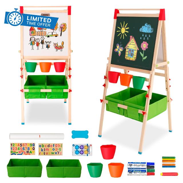 Maycoly Kids Easel with Paper RollKids Easel Wooden Kids Art Easel Double-Sided Standing Easel for Kids Height Adjustable Preschool Art Easel for 2-15 Years Old (Green)