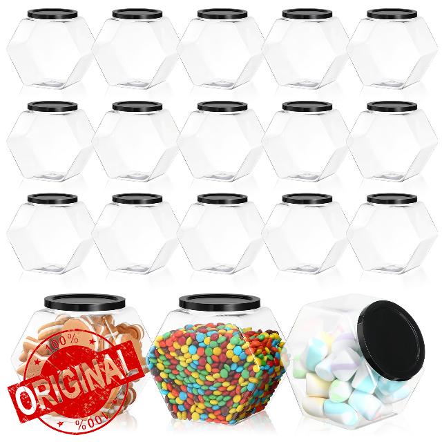 Dandat 18 Pcs Plastic Candy Jar Hexagon Shaped Plastic Cookie Container with Lid 28 oz Clear Wide Mouth Storage Display Jar for Cookies Candy Snacks Paper Stars Laundry Dog Treats Gifts Storage
