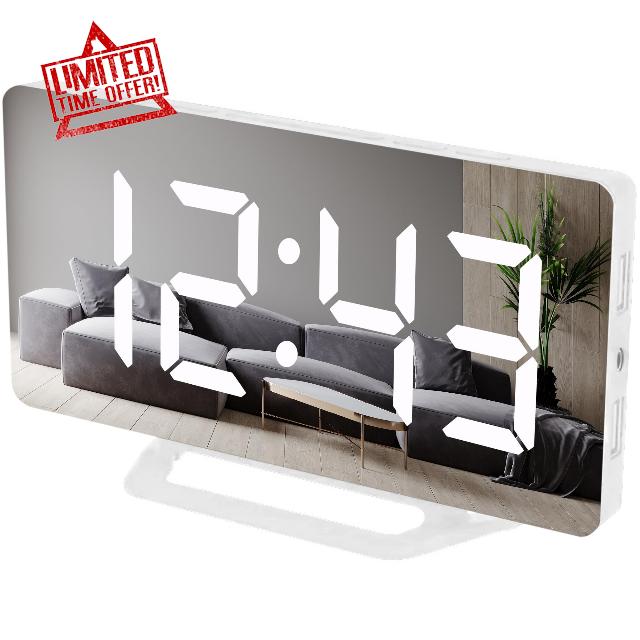 Alarm Clock for Bedrooms & Heavy Sleepers Adults or Kids - Mirror LED Digital Large Display for Desk Wall Home Living Room Office Decor with Auto Dimmer Mode Dual USB Charger Ports 12/24H (White)