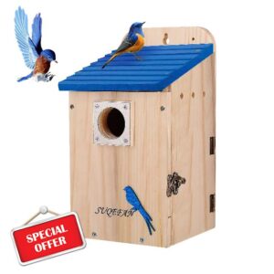 SUQEFAN 11" H Hanging Wood Blue Bird House for Outside Clearance with Metal Guard，Birdhouses for Outdoor Finch Bluebird Cardinals，Gifts for Bird Lovers