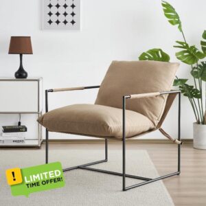 Kosydown Basic Accent Sling Chair Modern Armchair for Living Room Bedroom Reading Office Metal Frame Upholstered Soft Cushion Cozy Decorative Wheat Yellow Mid Century Relxing Comfortable Chair