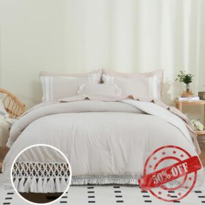 Boho Bed in A Bag Full Size Comforter Set 8 Pieces White and Beige Reversible Bedding Shabby Chic Tassel Cream Bohemian Decor Farmhouse Comforter with Sheet Sets