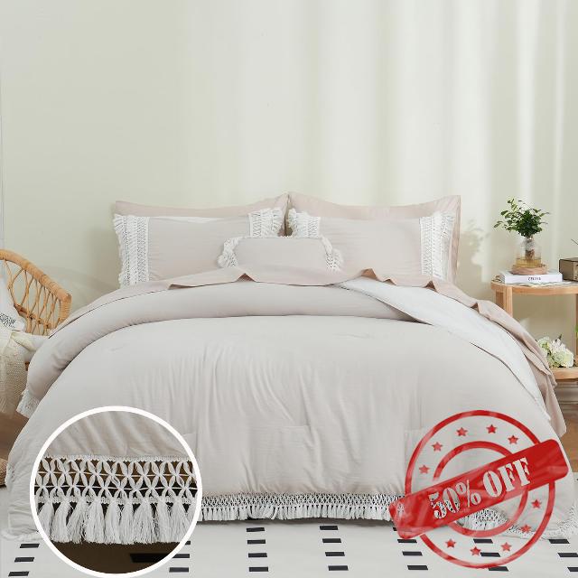 Boho Bed in A Bag Full Size Comforter Set 8 Pieces White and Beige Reversible Bedding Shabby Chic Tassel Cream Bohemian Decor Farmhouse Comforter with Sheet Sets
