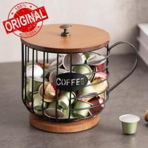 Panalo Rustic Coffee Pod Holder - Large Capacity Black Wire K cup Storage with Wooden Lid - Round Coffee Basket Decor for Kitchen Countertop for Pods & Espresso Capsules (Cup shape)