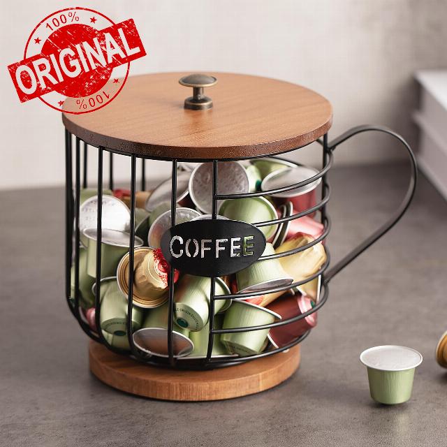 Panalo Rustic Coffee Pod Holder - Large Capacity Black Wire K cup Storage with Wooden Lid - Round Coffee Basket Decor for Kitchen Countertop for Pods & Espresso Capsules (Cup shape)