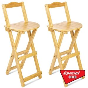 Leinuosen 2 Pieces Folding Bamboo Bar Stools with Backrest and Footrest 33 Inches Foldable Barstool Collapsible Portable Counter Height Folding Chairs with Pedals for Home
