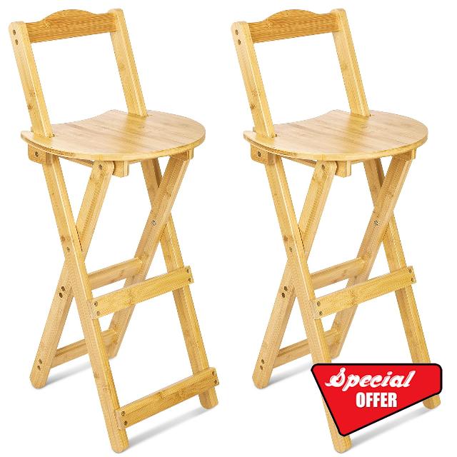 Leinuosen 2 Pieces Folding Bamboo Bar Stools with Backrest and Footrest 33 Inches Foldable Barstool Collapsible Portable Counter Height Folding Chairs with Pedals for Home