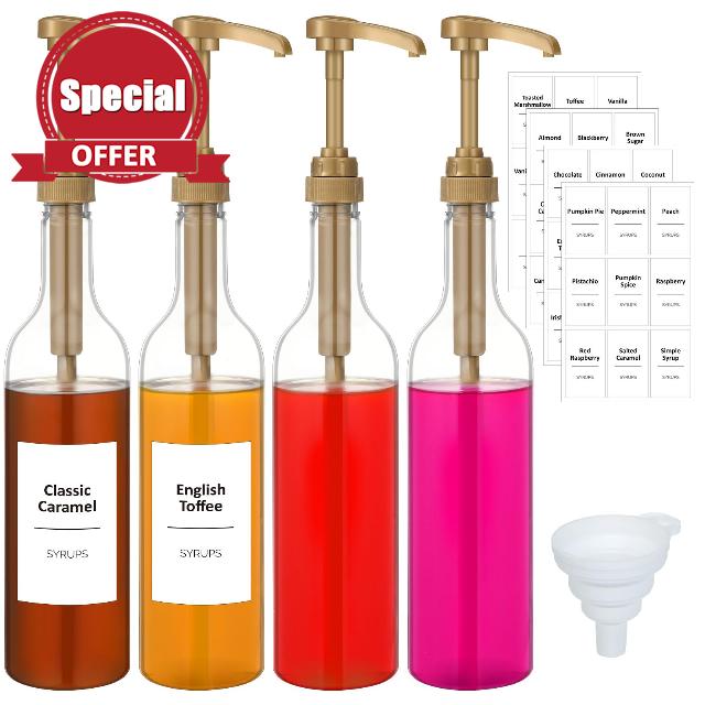 Bokon 4 Pcs Coffee Syrup Dispenser 25.4 oz 750 ml Coffee Syrup Gold Pump Dispenser with Comprehensive Label Set and Funnel for Coffee Bar Accessories Essentials