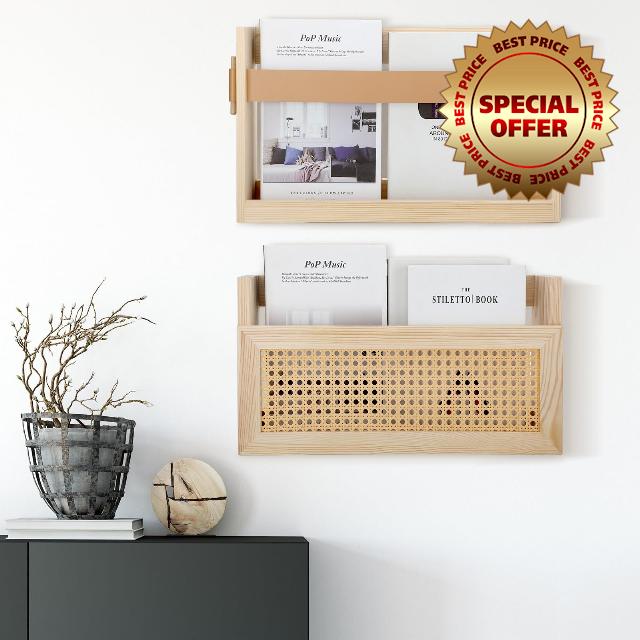 Roowest 2 Pack Wood Magazine Wall Rack Wall Mounted Magazine Holder Rattan Wall Shelf Mail Organizer Wall Mount Entryway Wall Organizer Rattan Grid for Entryway Living Room Waiting Room