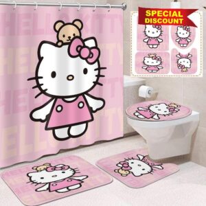 4 Pcs Kawaii Anime Merch Cat Kawaii Bathroom Sets with Shower Curtain and Rugs