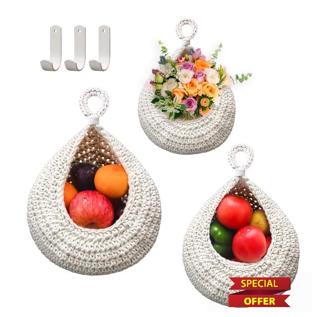 KELLODY Hanging Fruit Baskets for Kitchen - 3 Pack Boho Wall Hanging Basket with 6 Pcs Strong Hooks