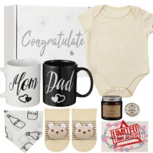 Pregnancy Gifts for First Time Moms New Mom Gift Box New Parents Gifts Includes Mom and Dad Mug Baby onesie Socks Drooling Bib Decide Coin Aromatherapy Candle for Baby Shower Gender Reveal Party Gifts
