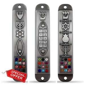 Set of 3 Pewter Mezuzah Case with Scroll for Door 3D Menorah Star of David Ten Commandments 12 Tribes of Israel Messianic Seal Jewish Mezuzah Set Judaica Gift 10 cm / 4 inch