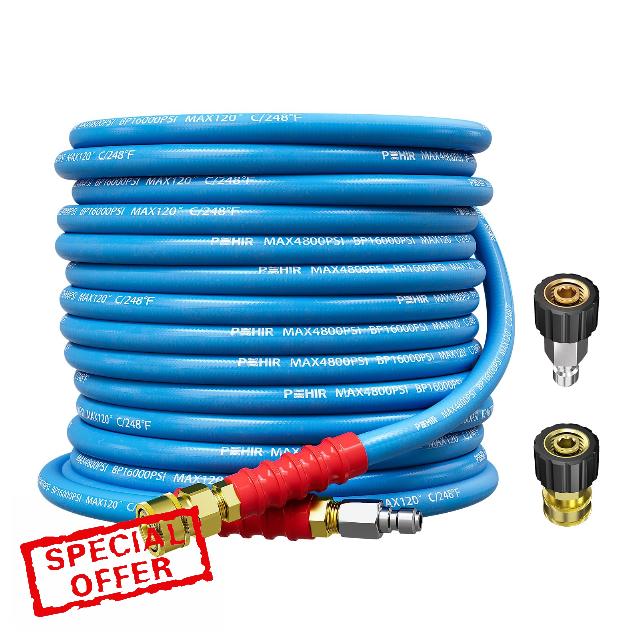 POHIR Pressure Washer Hose 50FT 3/8" for Cold & Hot Water (Up to 248℉) 4800 PSI Kink Resistant Industrial Grade Steel Wire Braided QC Ends with 2 M22-14mm to 3/8" Adapters for Professional and Home