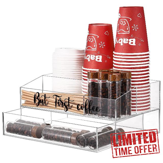 Geetery Acrylic Coffee Station Organizer Coffee Pod Holder with Drawer Coffee Bar Accessories Coffee Bar Organizer for Countertop Coffee Caddy Tea Bag Organizer for Coffee Bar Decor