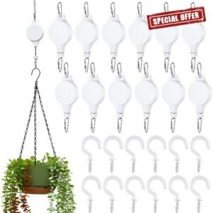 Yexiya 12 Pcs Retractable Plant Hanger Plant Pulley Adjustable Hanging Flower Basket Hooks Hanger and 12 Pcs Hanging Plant Hooks Ceiling Hooks Vinyl Coated Screw in Wall Hooks (White)