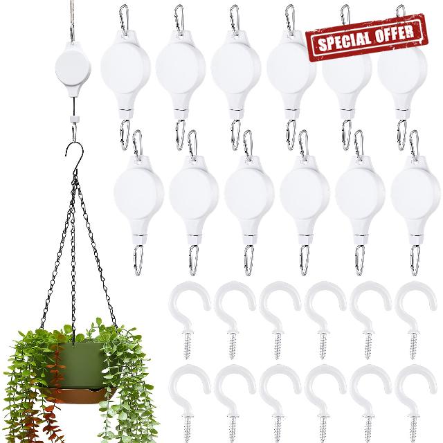 Yexiya 12 Pcs Retractable Plant Hanger Plant Pulley Adjustable Hanging Flower Basket Hooks Hanger and 12 Pcs Hanging Plant Hooks Ceiling Hooks Vinyl Coated Screw in Wall Hooks (White)