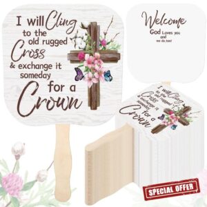 Tradder 100 Pcs Christian Church Fans Religious Handheld Fan Bulk I Will Cling to The Old Rugged Cross Religious Gifts Parlor Fans Thick Paper Fans with Wooden Handle (Classic Style)