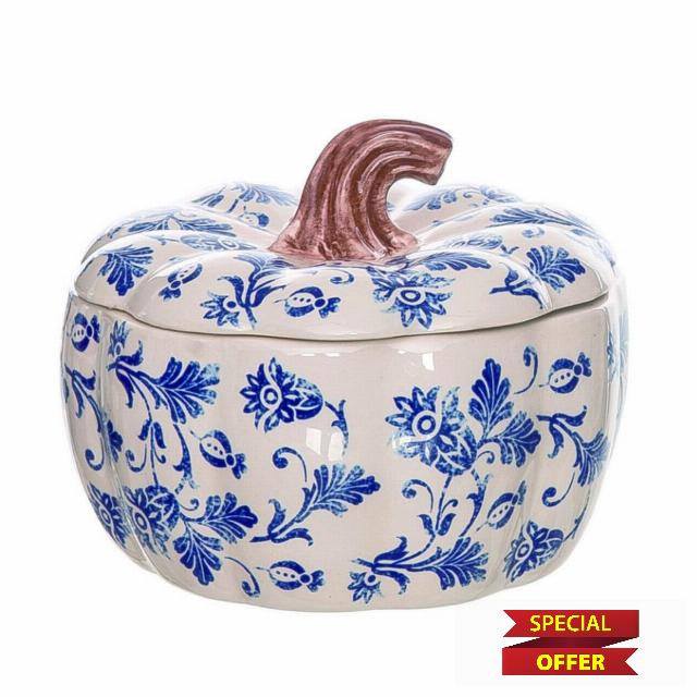 One Holiday Way 6-Inch Decorative Blue and White Floral Ceramic Pumpkin Container w/Lid - Elegant Vintage Fall Thanksgiving Tableware Kitchen Home Decor - Cookie Jar