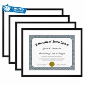 Americanflat 11x14 Diploma Frames in Black - Set of 4 - Displays 8.5x11 Diplomas with Mat or Use as 11x14 Frames Without Mat - Document Frames with Shatter Resistant Glass and Wall Hanging Hardware