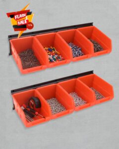 WellMall Wall Mounted Storage Bins - 8 Piece Bins & 2 Steel Rails Plastic Garage Tool Storage Organization for Screw Organizer & Small Parts Organizer