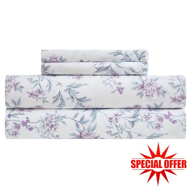 VClife Boho Sheet Set Queen French Garden Style Purple Floral Branch Bed Sheet Soft Washed Microfiber Sheets
