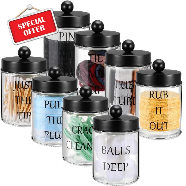 Sunnyray 8 Pcs Apothecary Jars with Lid for Bathroom Organizer Cotton Swab Holder Glass Clear Transparent Canisters Cute Dispenser Storage Funny Guest Room decoration for Christmas Gift(Black)