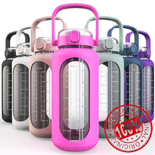 Dysco 64 oz Glass Water Bottles with Straw: Time Marker Half Gallon Motivational Water Bottle with Locking Lid and Silicone Sleeve - 2 Liter Large Water Jug Bottle for Gym