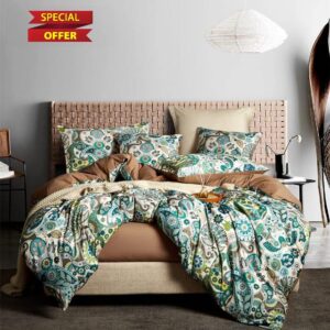 CinYana Paisley Floral Duvet Cover Queen Vintage Style Duvet Cover Set 5 PCS Boho Bedding Set Green Duvet Cover Set(Green
